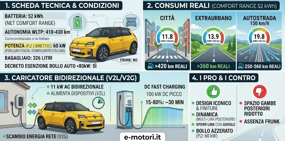 Renault 5 e tech elettrica prova consumi scheda tecnica prezzo